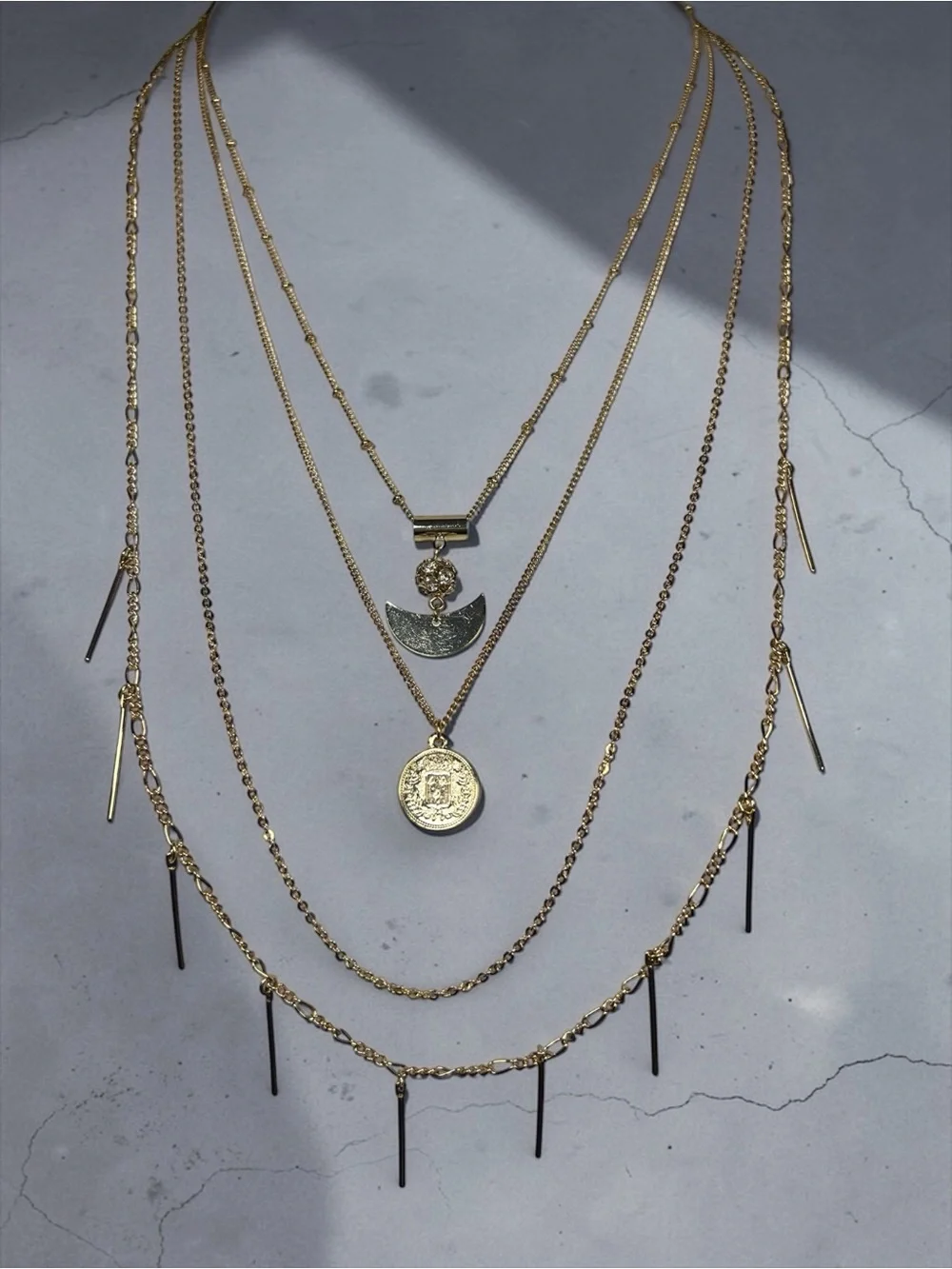Gold 4 Layered Crescent & Coin Pendant Necklace Set - Picture 5 of 10